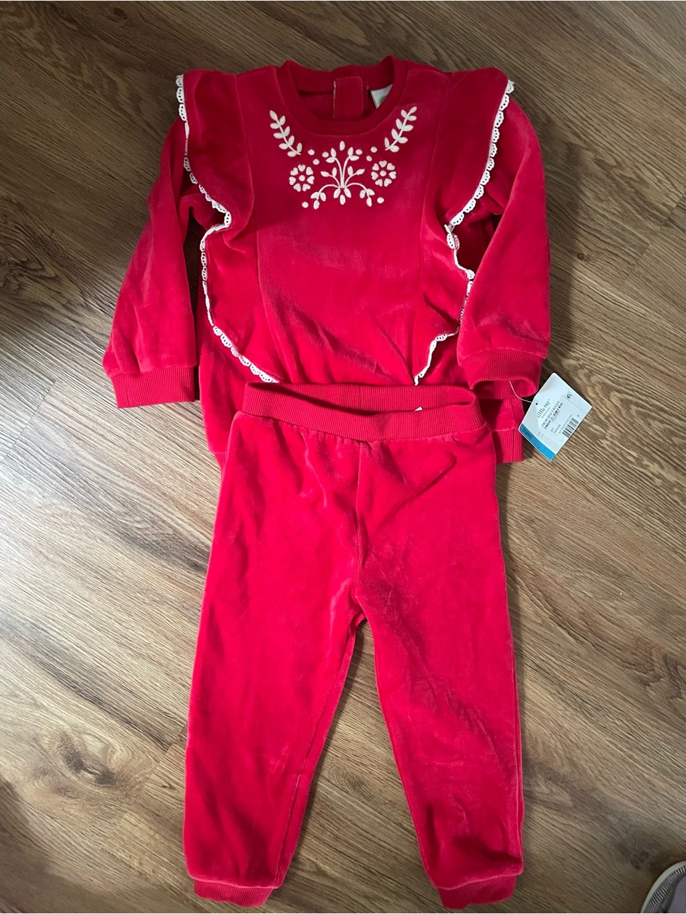 Little Me Red Velour Set with White Embroidery